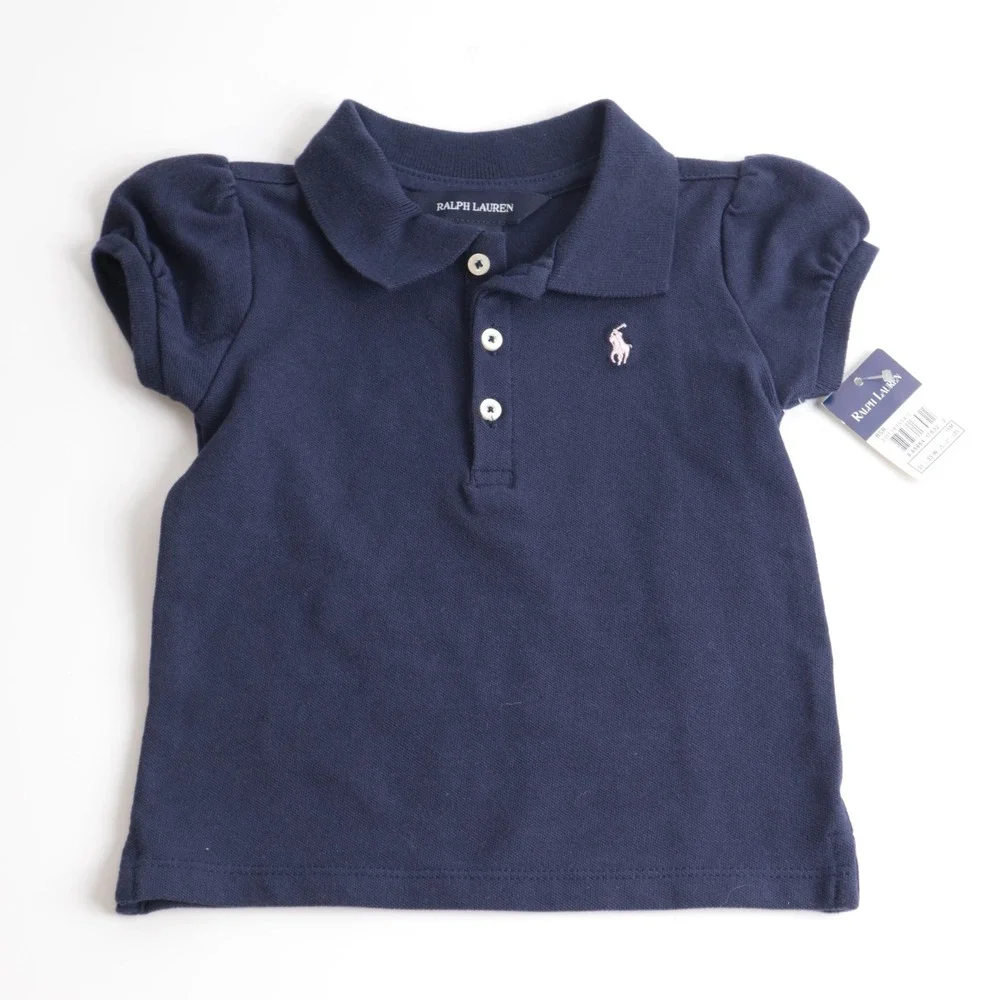 Ralph Lauren Baby Girls Navy Blue Puff Sleeve Polo Shirt 18M NWT